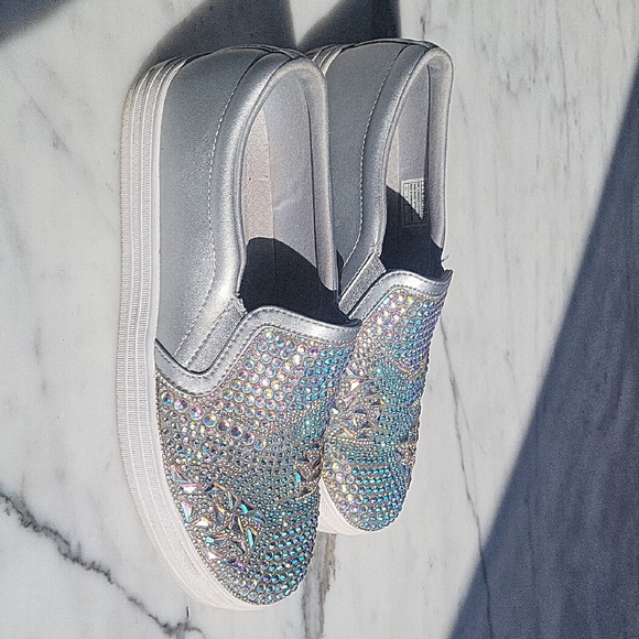 Silver Slip-On Women's Shoes with Rhinestone Embellishments - Picture 1 of 6